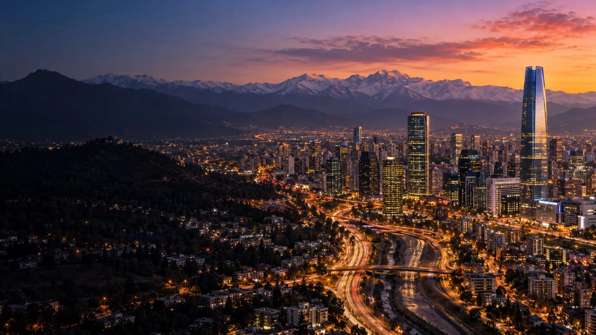 Santiago de Chile al atardecer, con la cordillera de los Andes